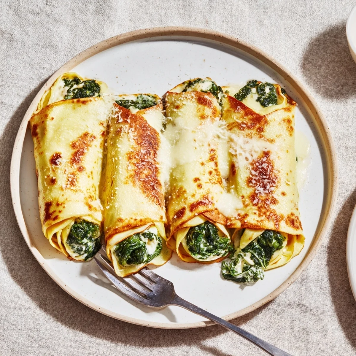 Sahnige Spinat-Käse-Pfannkrollen, perfekt zum Mittagessen oder für ein leichtes Abendessen.  