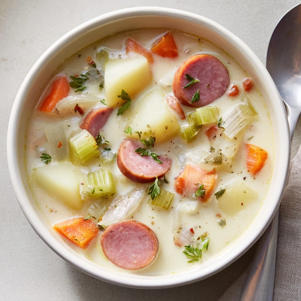 Köstliche Kartoffelsuppe mit würziger Wurst und frischem Gemüse in einer Sahnebrühe.  