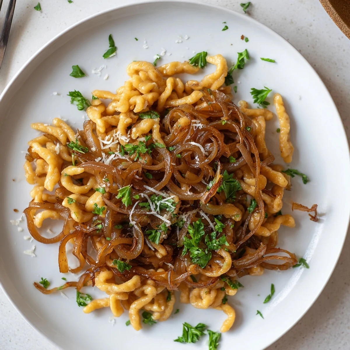 Hausgemachte Spaetzle mit süßkaramellisierten Zwiebeln, serviert mit frischen Kräutern.