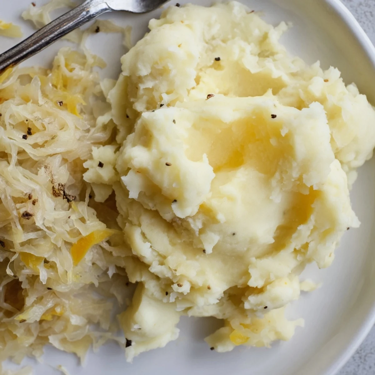 Kräftige Sauerkraut und Kartoffelpüree, serviert mit knackigen Würstchen.  