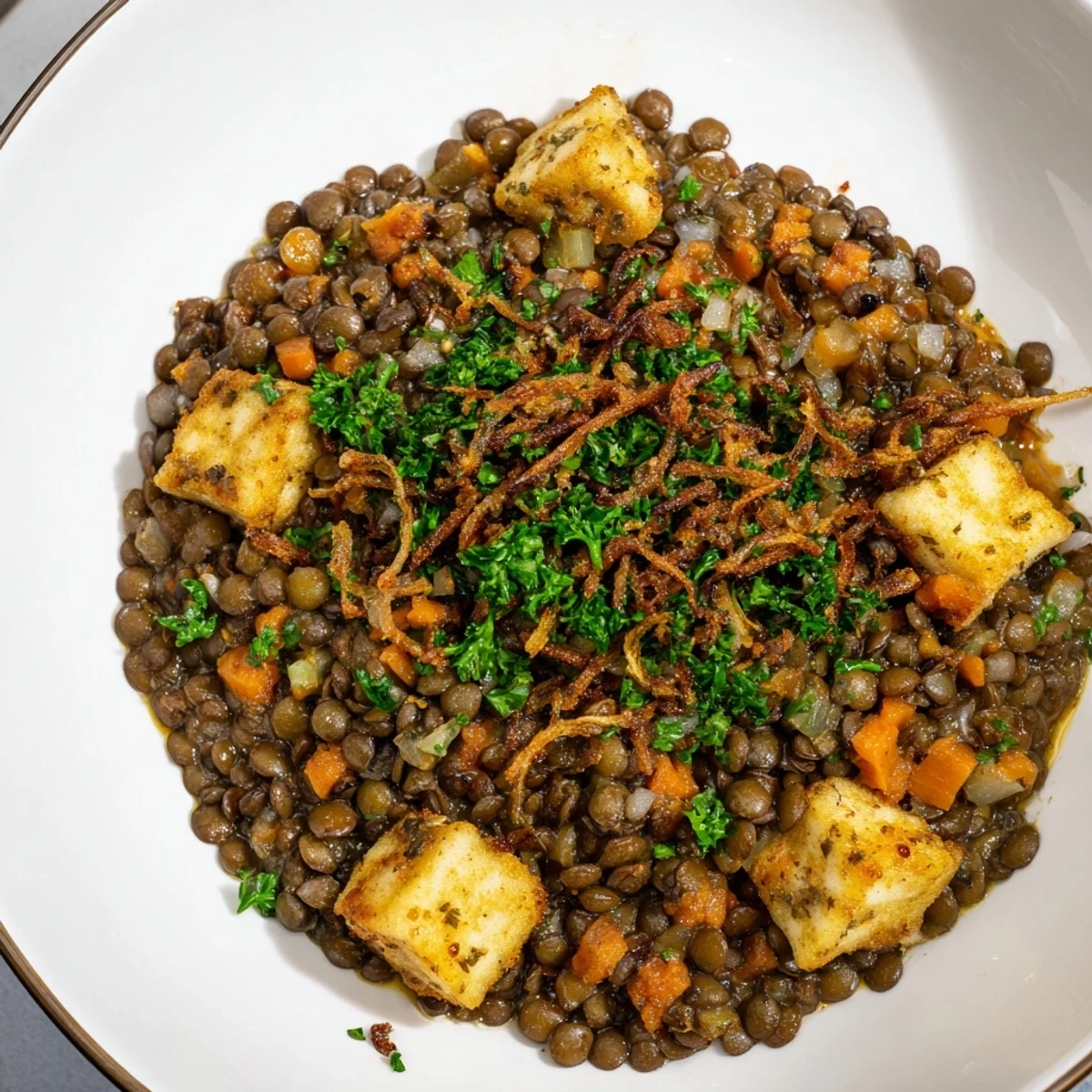 Close-up of a delightful Budget Lentil & Spätzle Bowl, ready to eat, with crispy fried onions on top.