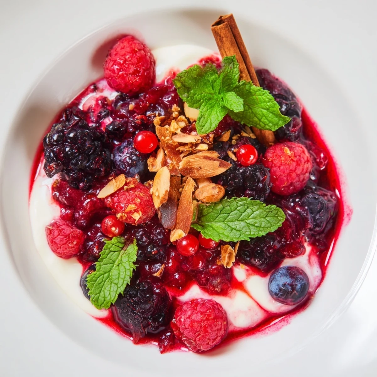 Fresh berries simmering to make this beautiful German spiced berry compote, ready to serve.