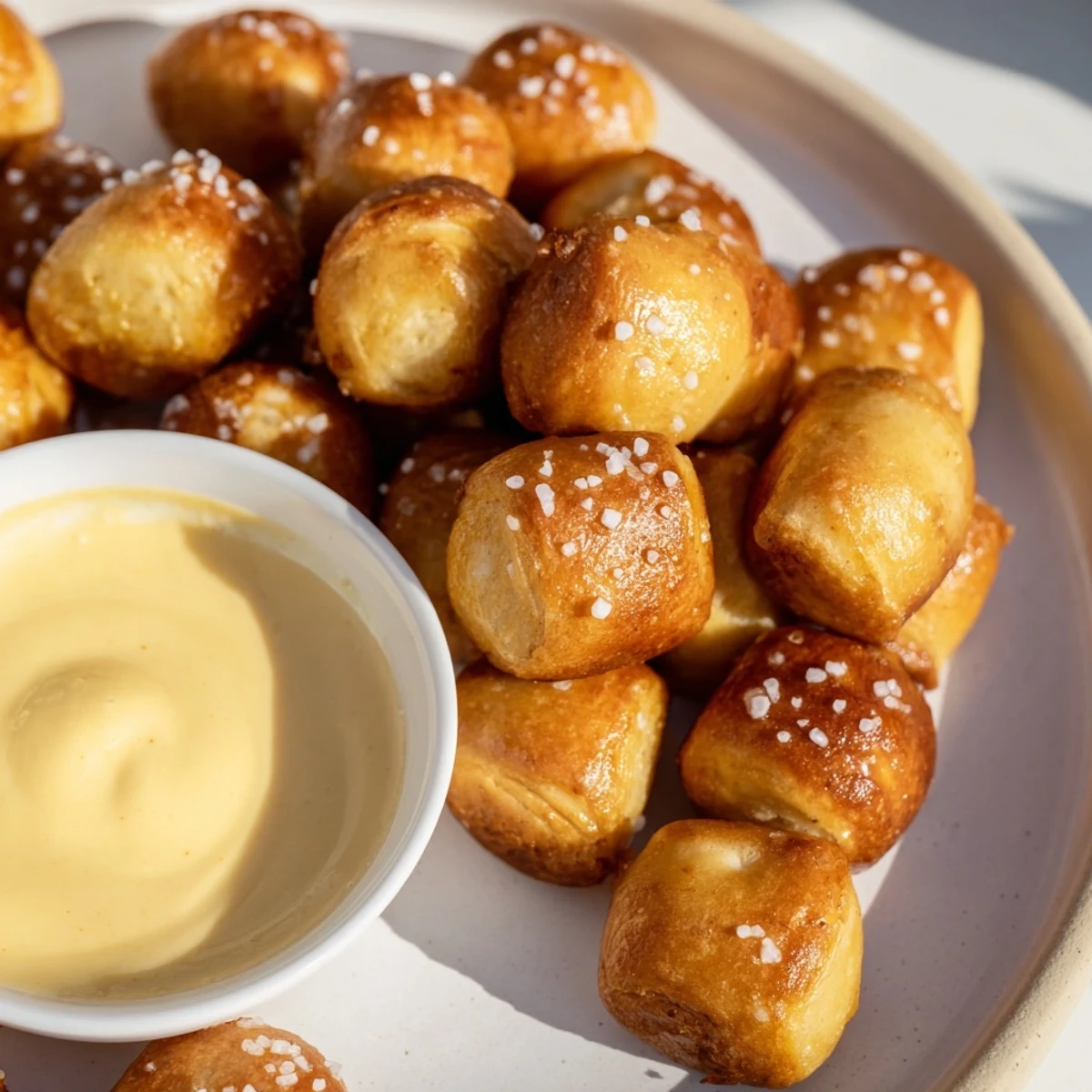 A close-up of delicious Mini Pretzel Bites and a beer cheese sauce ready to be enjoyed.
