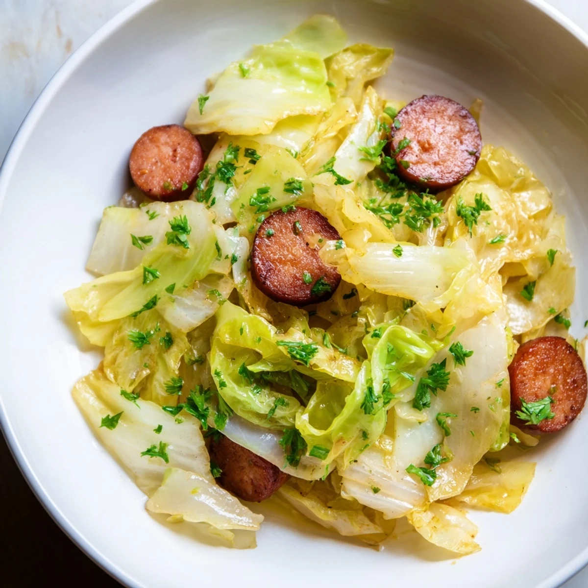 Golden-brown Crispy Cabbage & Sausage Skillet, ready to serve with fresh parsley garnish.