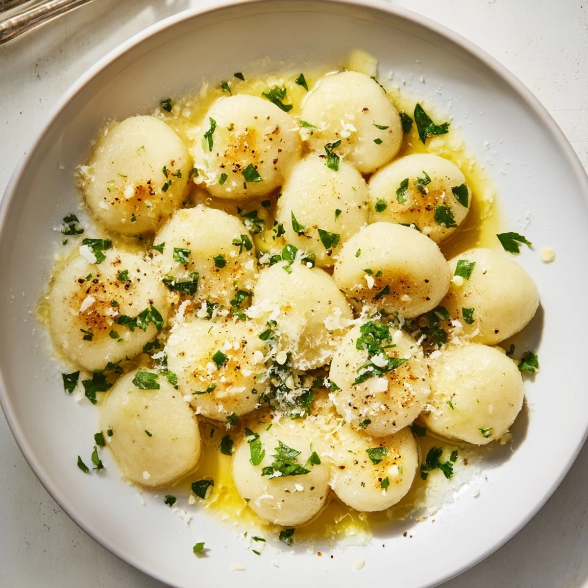 Rich brown butter coats soft potato dumplings; a comforting dish with parmesan and garlic.