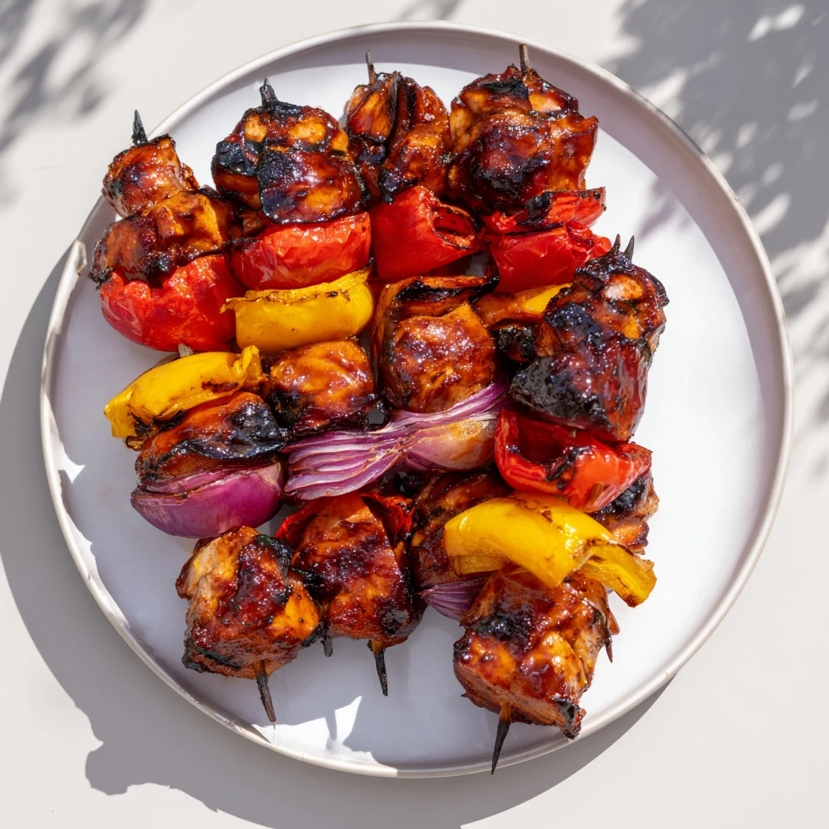 Glühwein-Marinated Chicken Skewers glistening with a perfect char, ready to be enjoyed with a fresh salad.