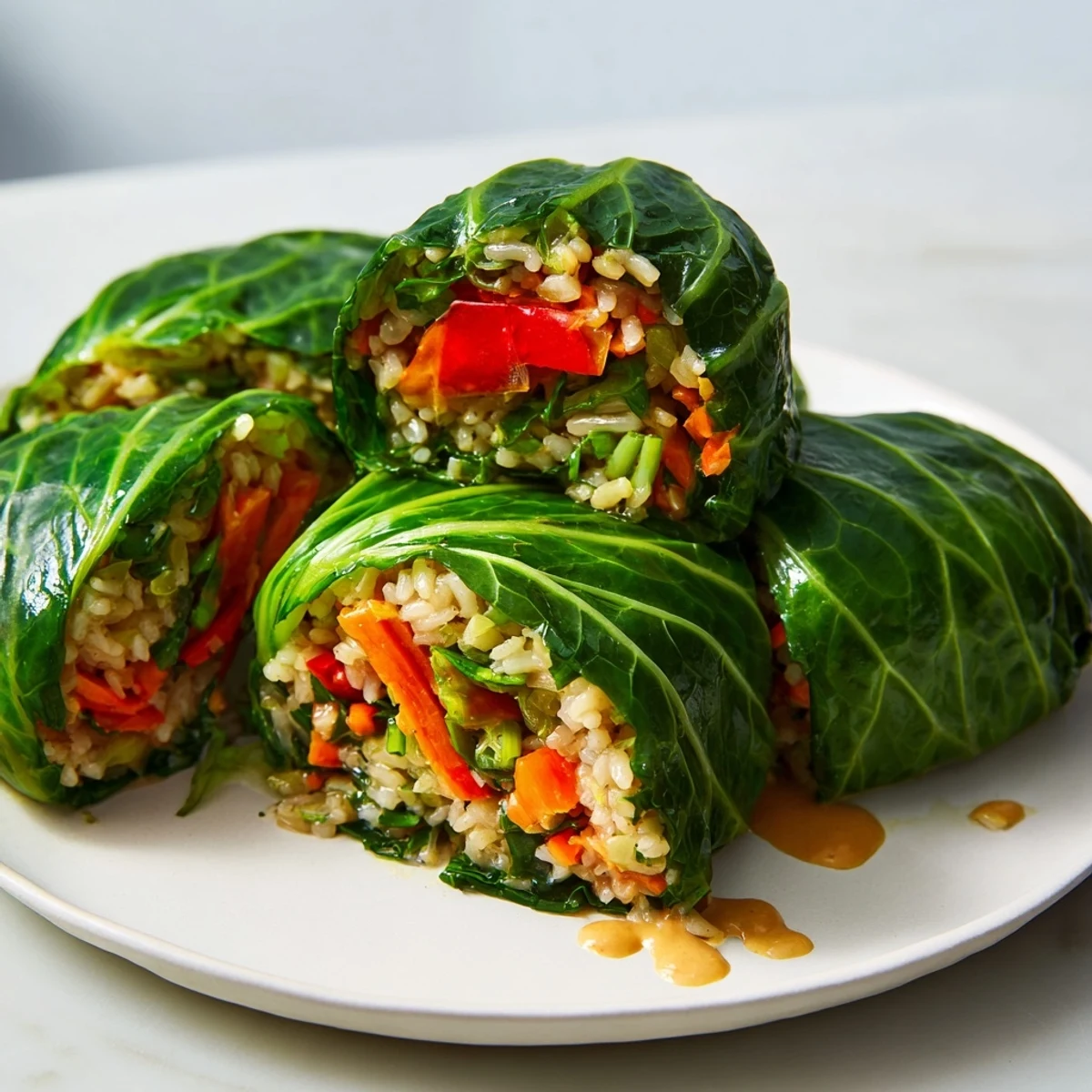 Steaming-hot Savoy Cabbage Rolls with Thai peanut sauce, garnished with fresh cilantro for serving.