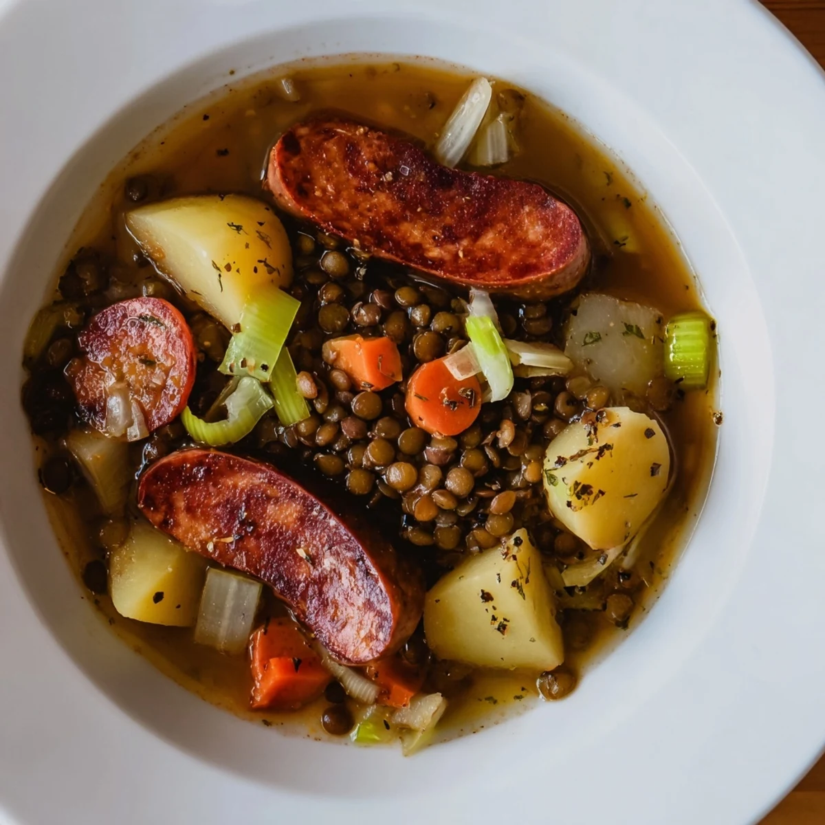 Close-up of the flavorful Instant Pot German Lentil Stew featuring savory chorizo and tender lentils.