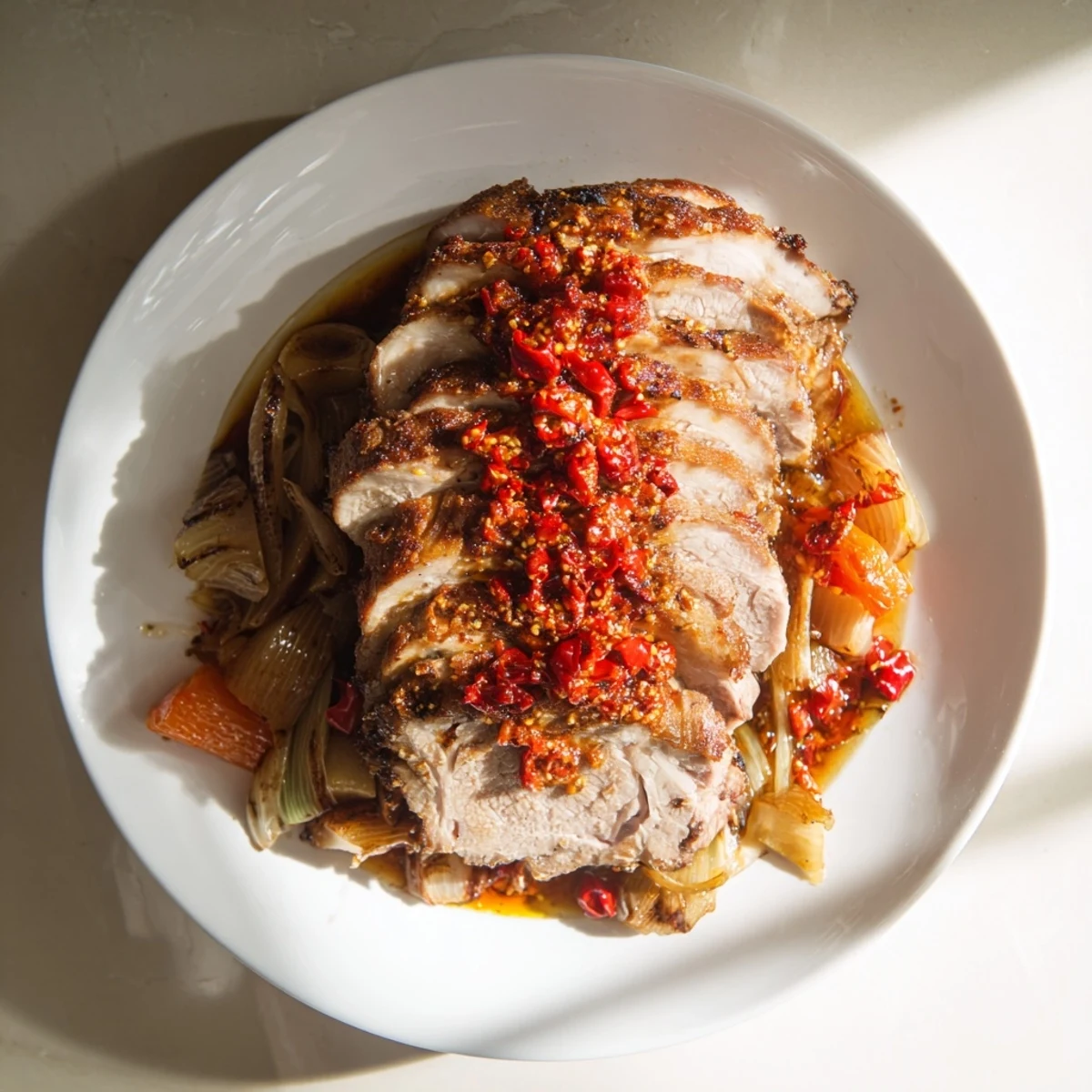 Golden-brown Bavarian roast pork, alongside vegetables, promising a flavorful, hearty meal.