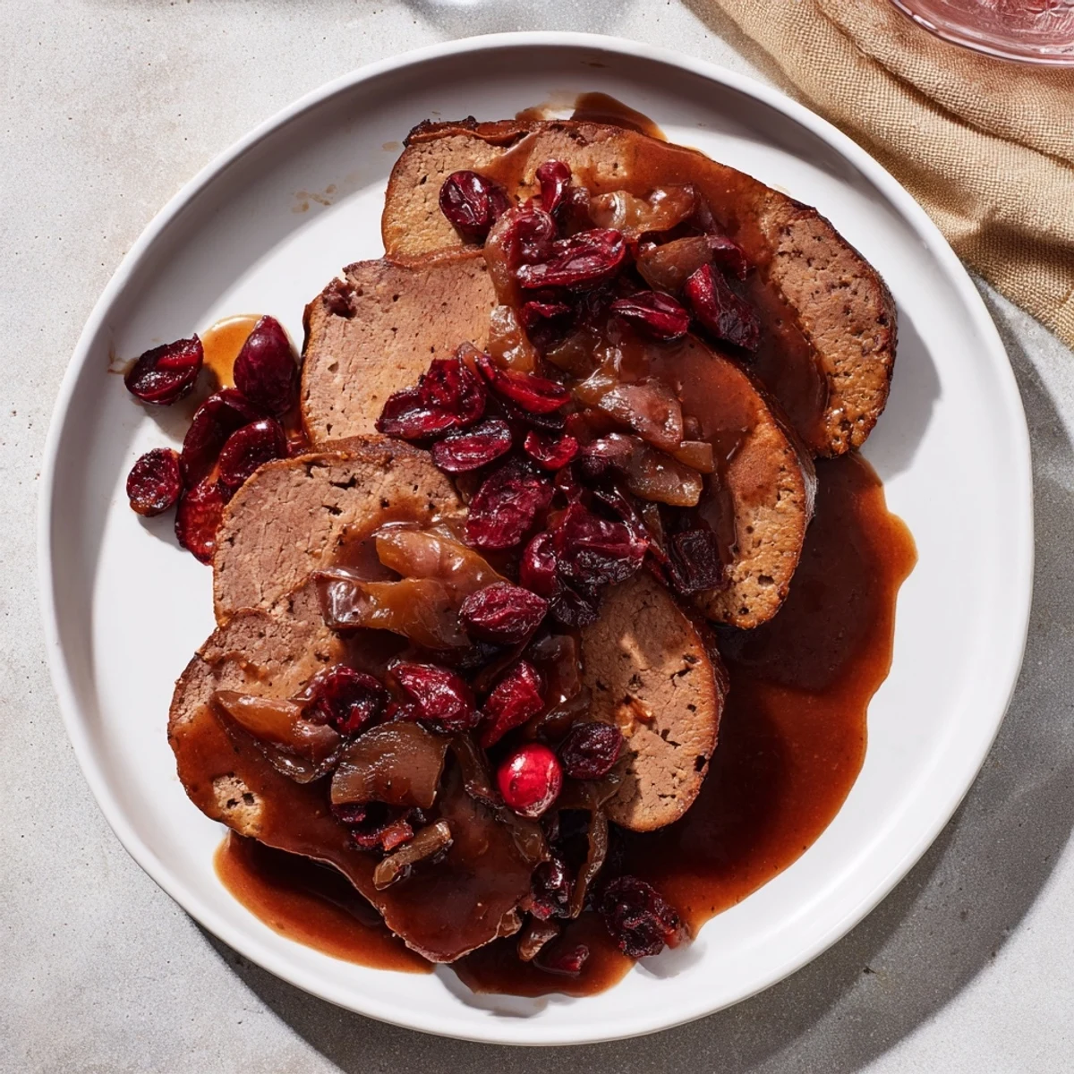 Savory slices of Vegan Sauerbraten with cranberry-balsamic, ready on a serving platter.
