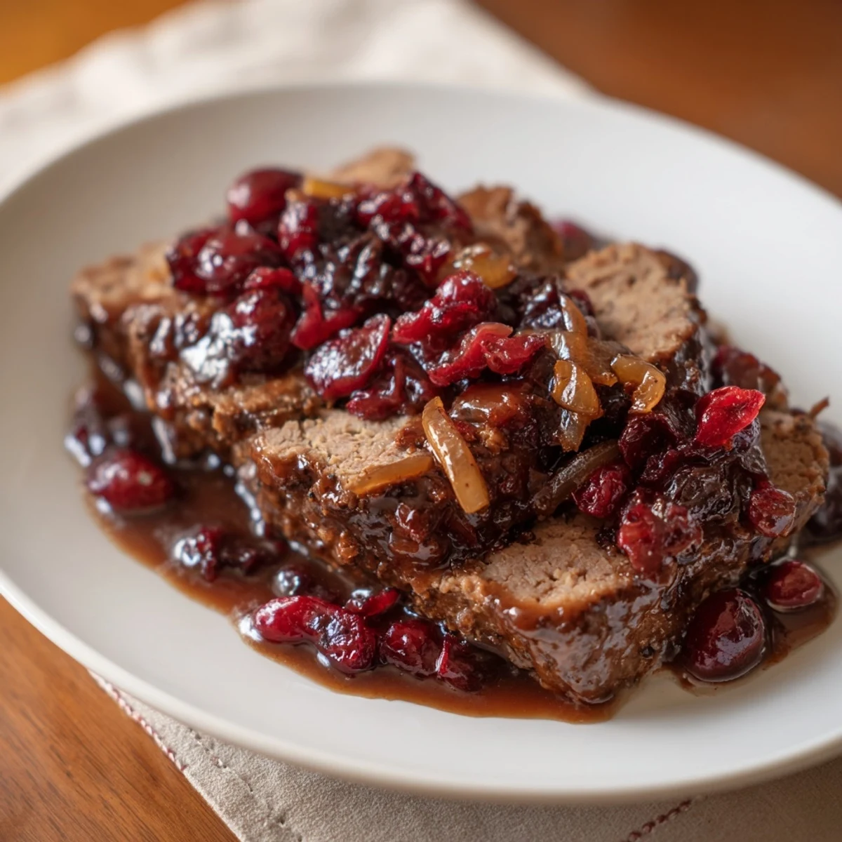 Close-up of tender Vegan Sauerbraten showcasing the flavorful cranberry-balsamic marinade.