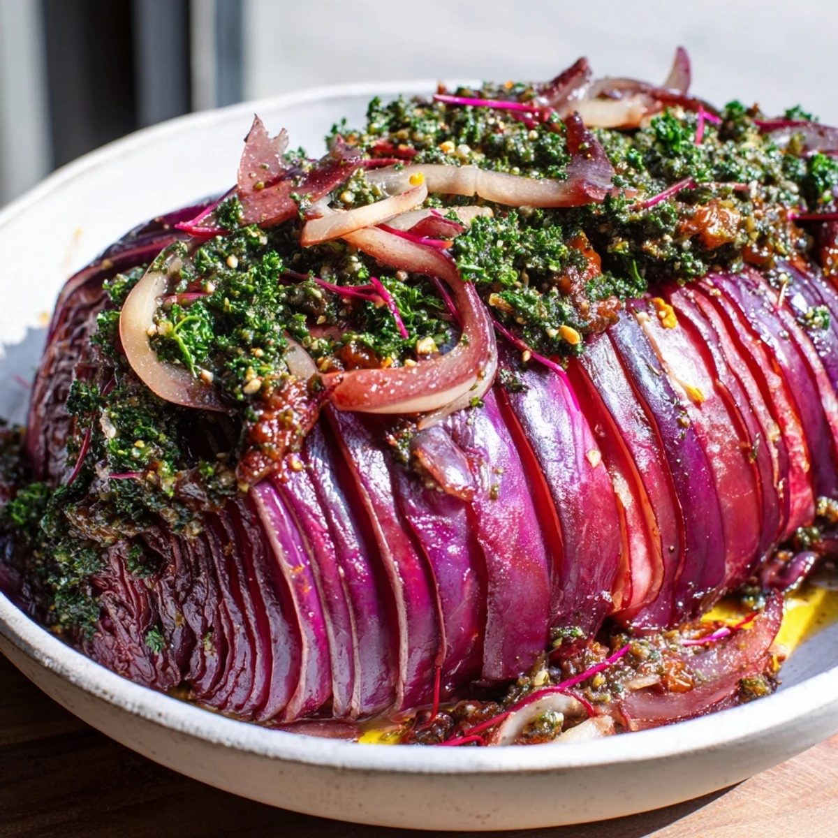 Vibrant Spiced Red Cabbage Bake, topped with fresh salsa verde, a vegetarian delight.