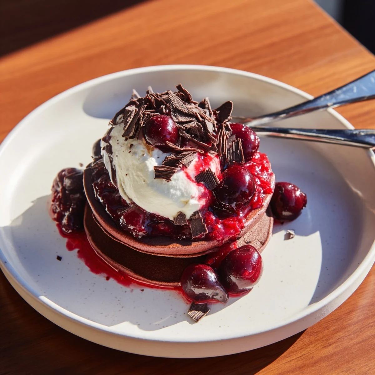 Fluffy and delicious Black Forest Pancake Minis stacked high with cherries, cream, and chocolate, ready to eat.