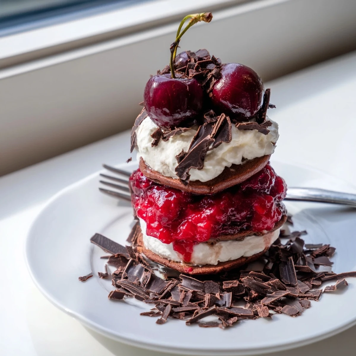 A stack of Black Forest Pancake Minis; a delightful dessert or brunch with sweet cherry compote and whipped cream.