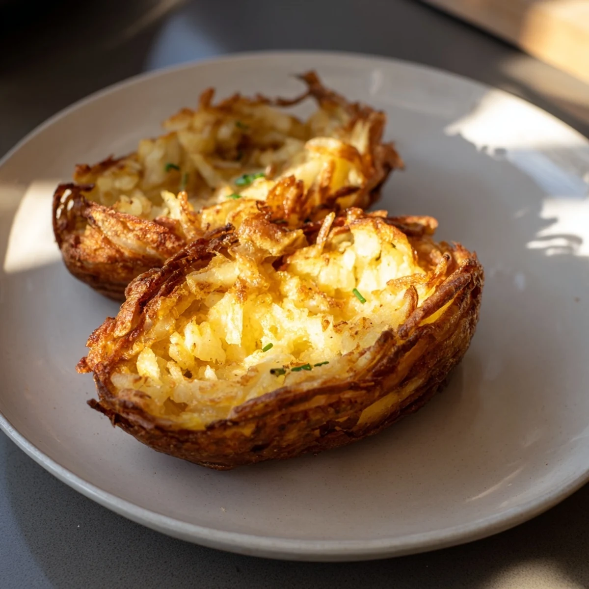Delicious, golden potato rösti boats, with crispy edges and tender potato, ideal for brunch or an easy appetizer.