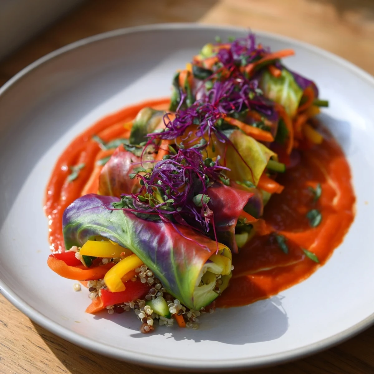 Steaming plate of Rainbow Sauerkraut Rolls, featuring a rich tomato sauce and fresh parsley garnish.