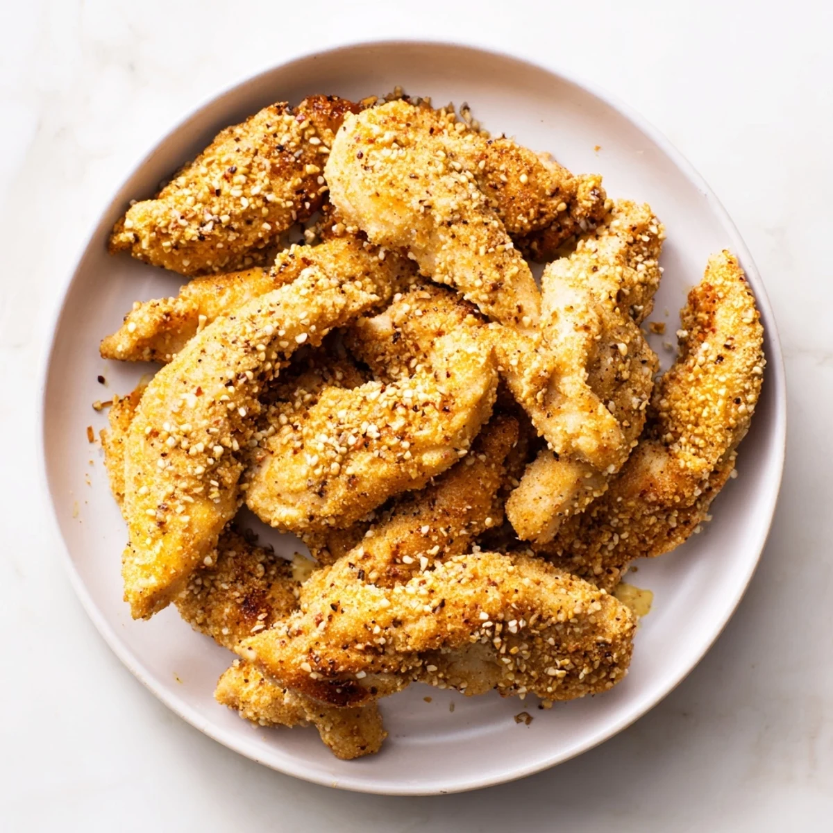 Golden pretzel crusted chicken bites, offering a satisfying crunch, ready to enjoy with your favorite dip.