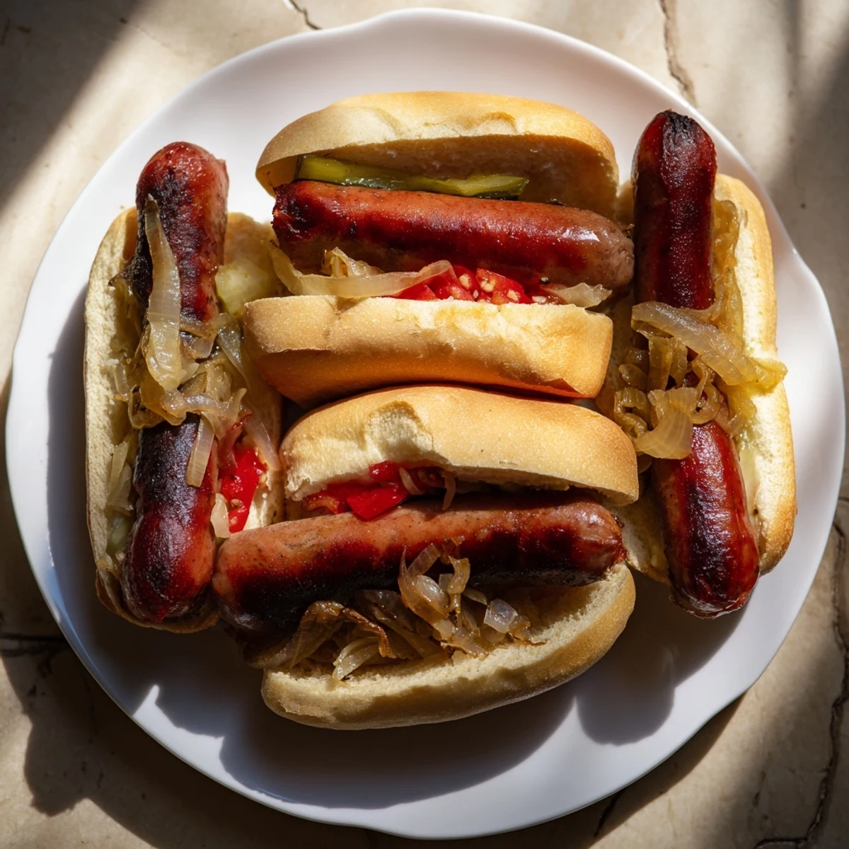 Close-up of delicious Mini Bratwurst Sliders featuring crispy onions and tangy mustard.