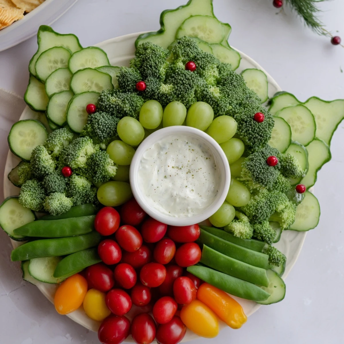 Festive Holly Leaf Veggie Board with vibrant vegetables and a creamy dip, perfect appetizer.