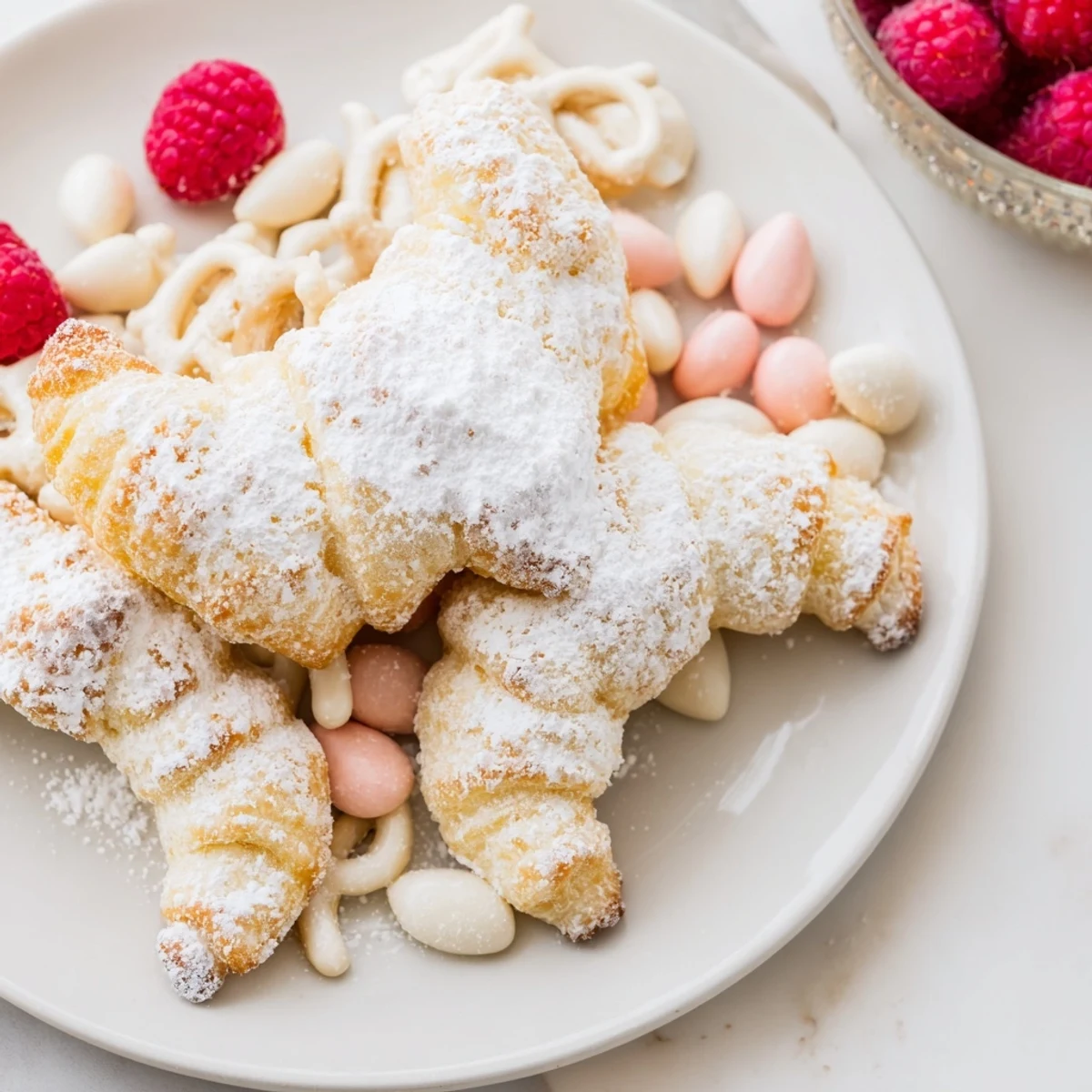 Golden fried Angel Wings (faworki) dusted with powdered sugar, part of a delightful candy board.