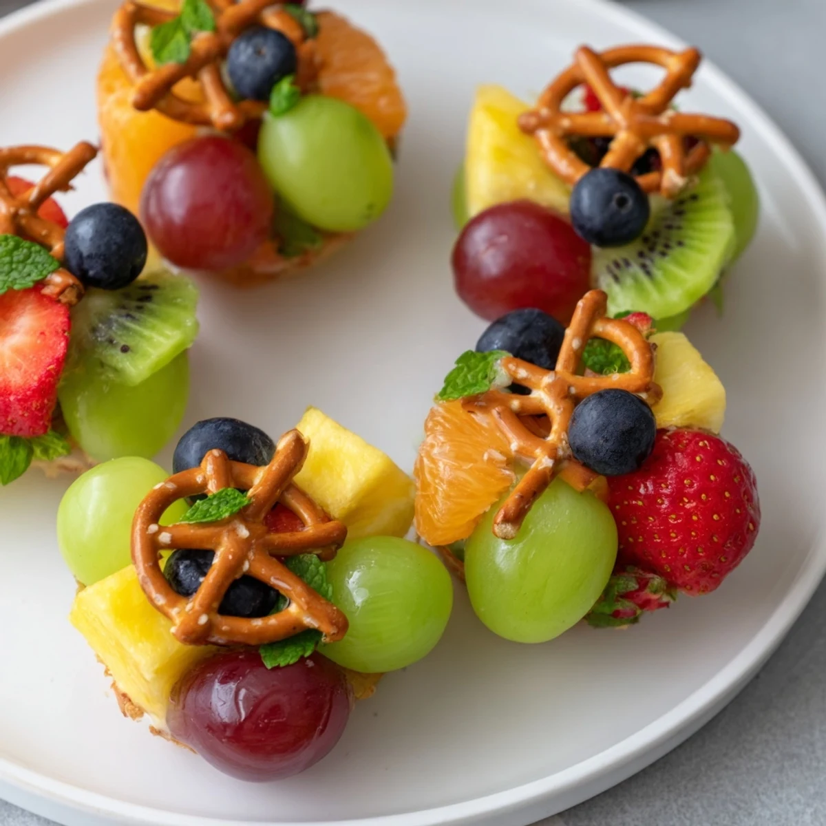 Vibrant Ornament Fruit Medley with grapes, kiwi, and strawberries, arranged like Christmas ornaments on a platter.
