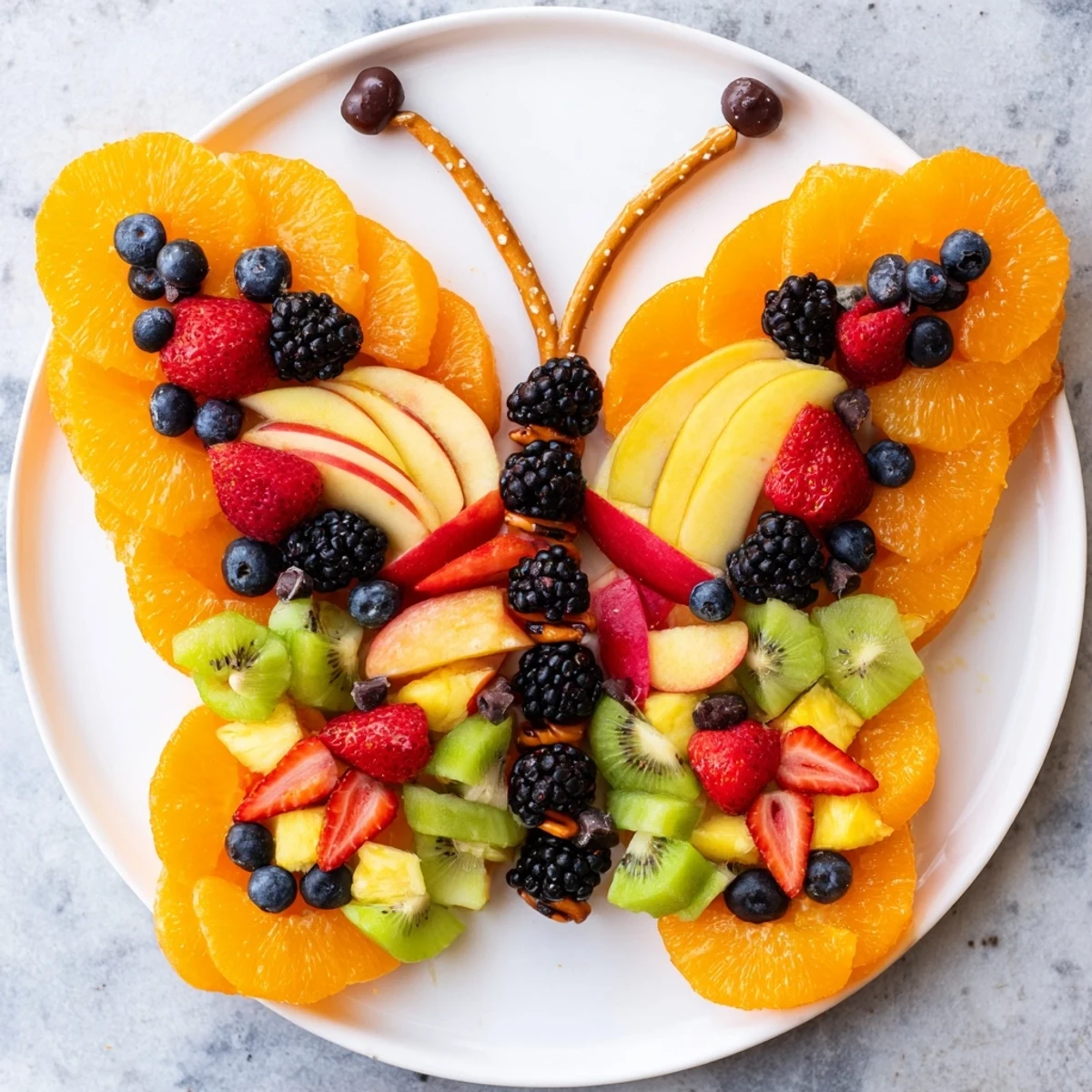 A colorful Monarch Magic Fruit Butterfly Tray, bursting with fresh, juicy, vibrant summer fruits.
