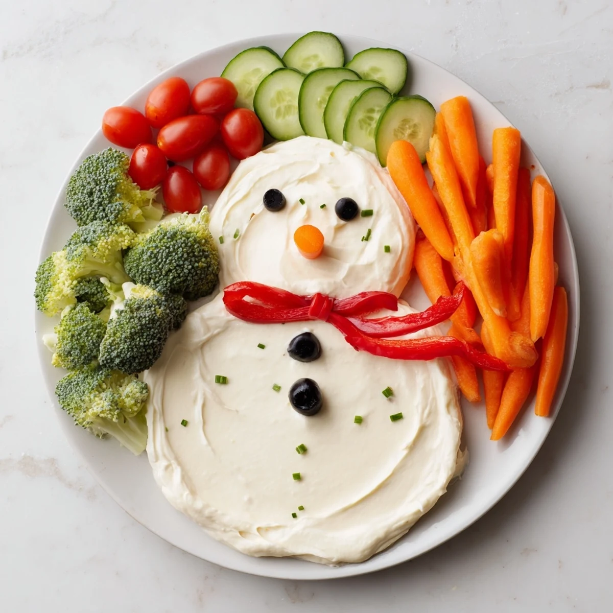 Delicious snowman veggie dip platter, a fun appetizer featuring fresh vegetables and a cheerful snowman design.