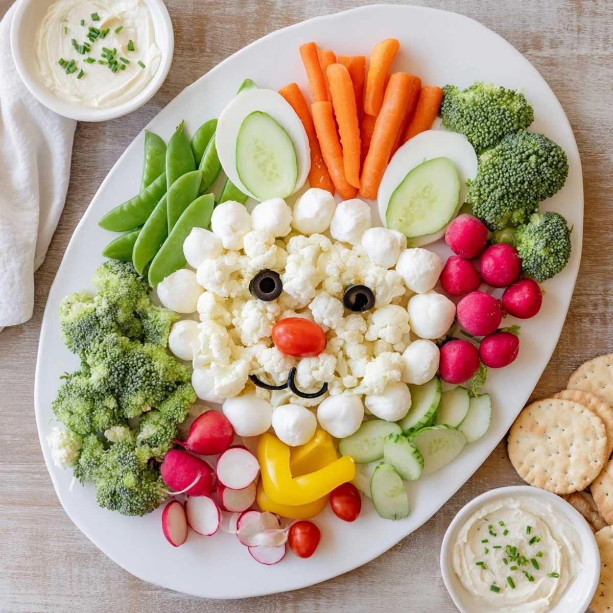 Festive Easter Bunny Spring Platter arrangement, colorful vegetables, dips, and mozzarella make a fun snack.