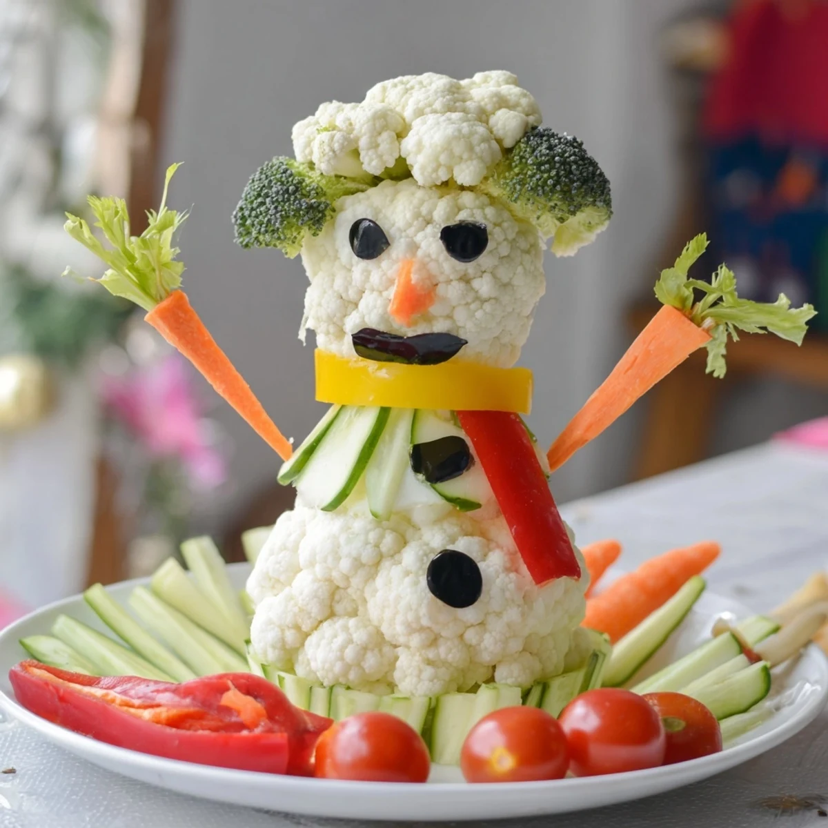 A snowman made of fresh veggies like cauliflower - a fun Snowman Crudités appetizer.