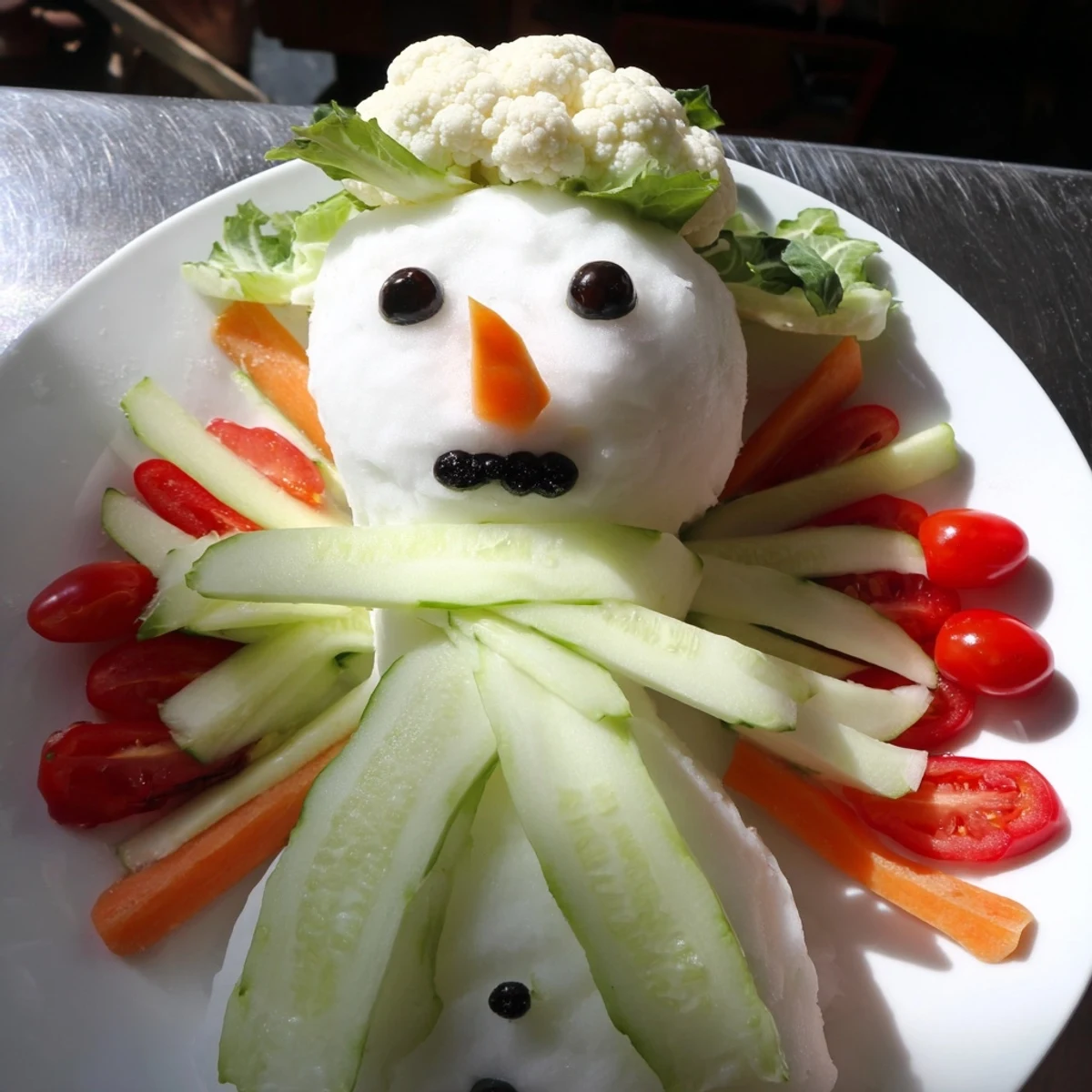 Crisp carrot arms and olive eyes adorn this delicious Snowman Crudités recipe, ready to eat now.