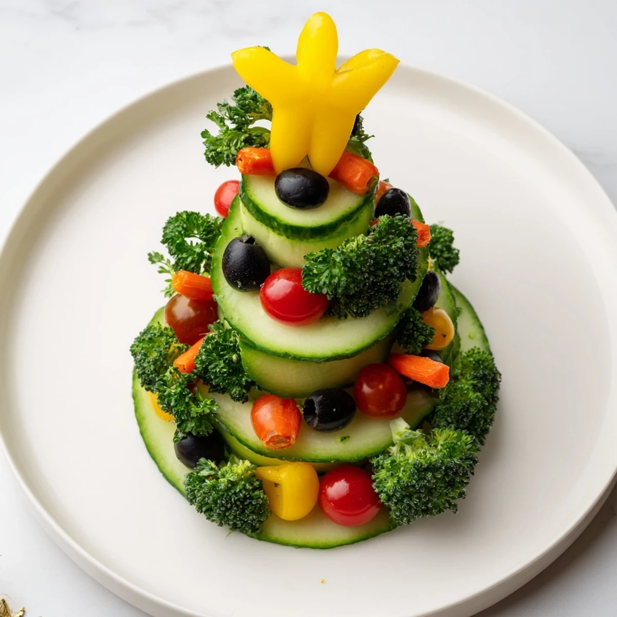 Festive Tree Cucumber Tomato Platter with vibrant tomatoes and fresh herbs in a festive display.