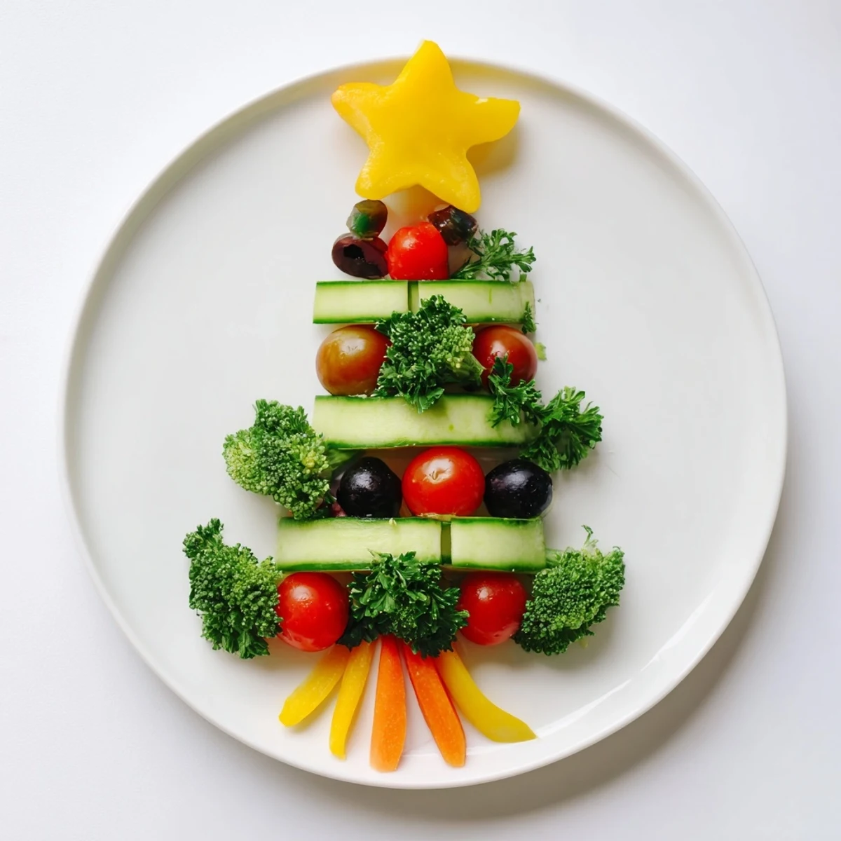 A colorful, healthy Festive Tree Cucumber Tomato Platter, perfect appetizer for your holiday table.