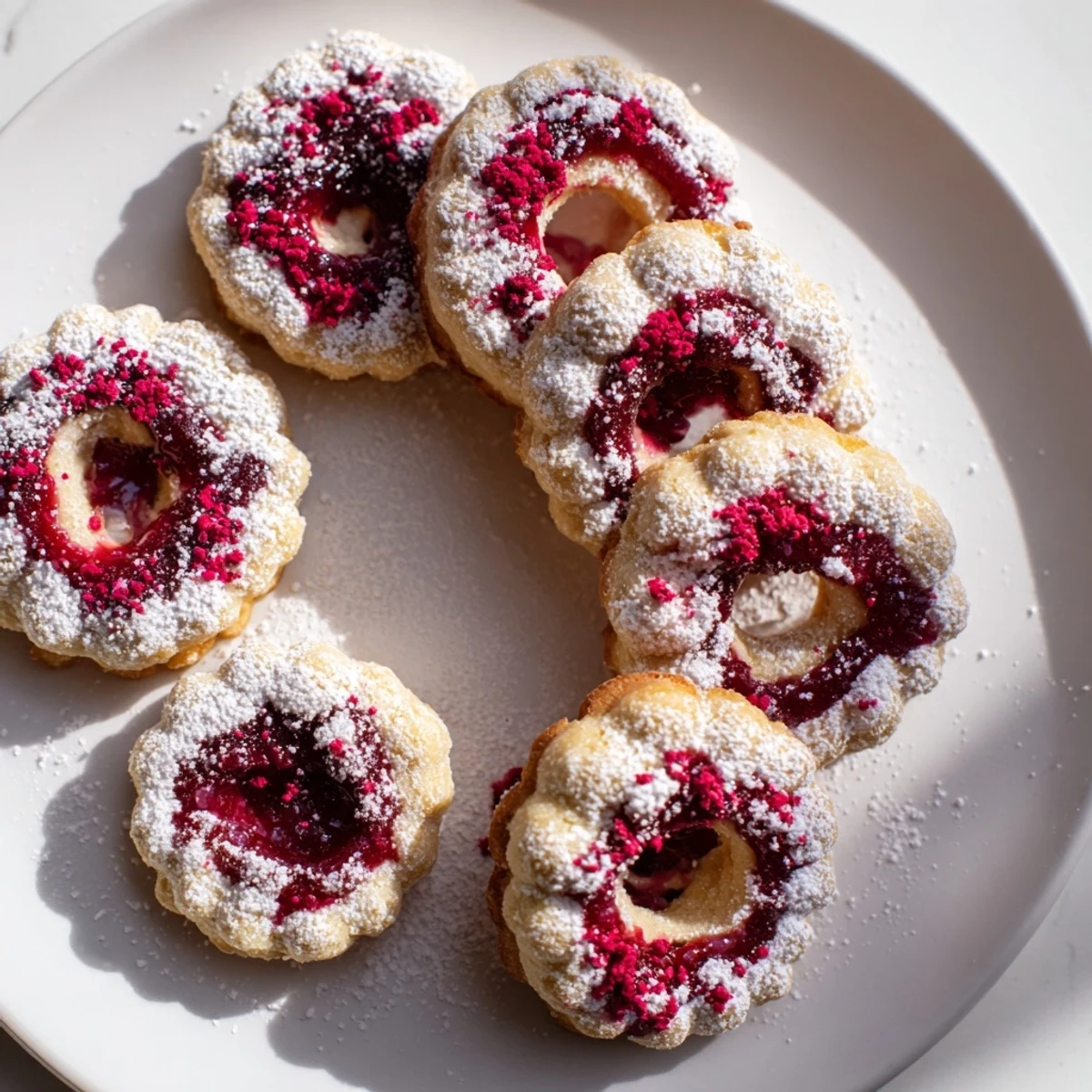 Festive raspberry wreath cookies, dusted in powdered sugar, create a sweet holiday platter.