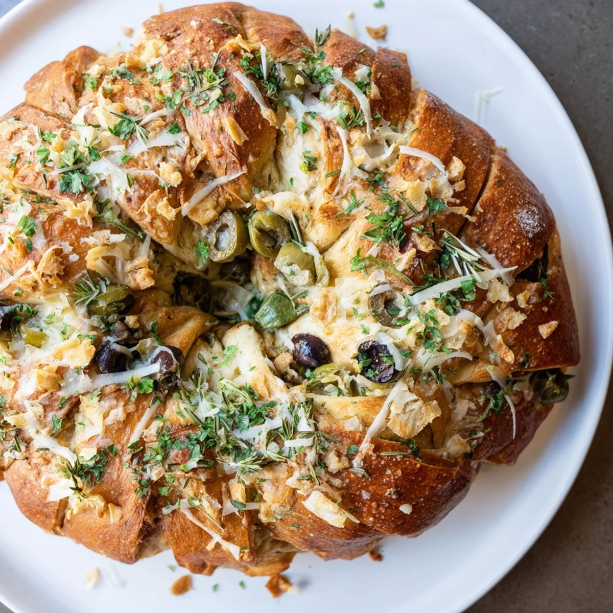 Golden brown Savory Herb and Cheese Olive Wreath, fresh from the oven, ready to share.