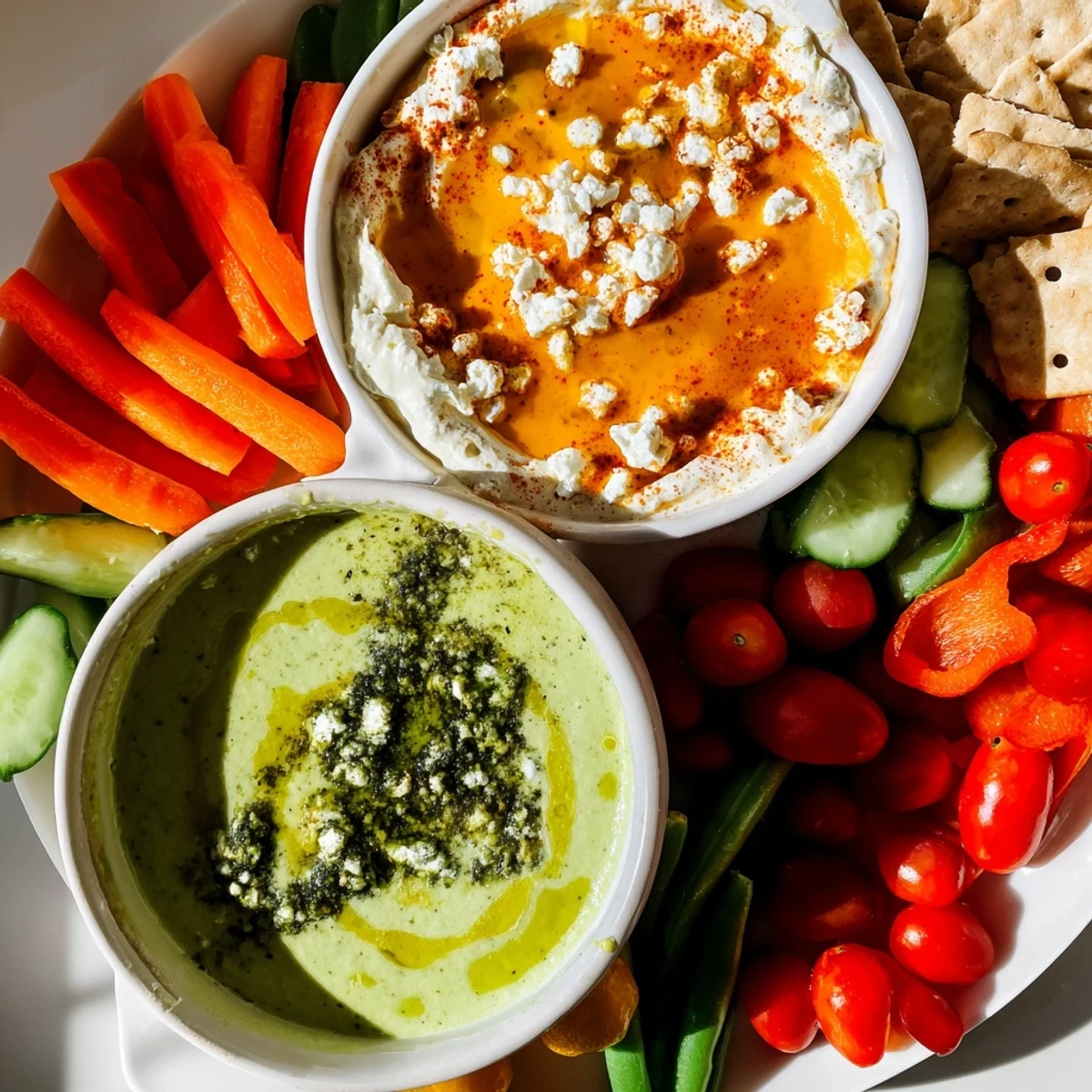 Festive Dip: Red and Green Holiday Dip Duo Board: A festive board showing creamy red pepper dip and herbed green goddess dip with vibrant dippers.