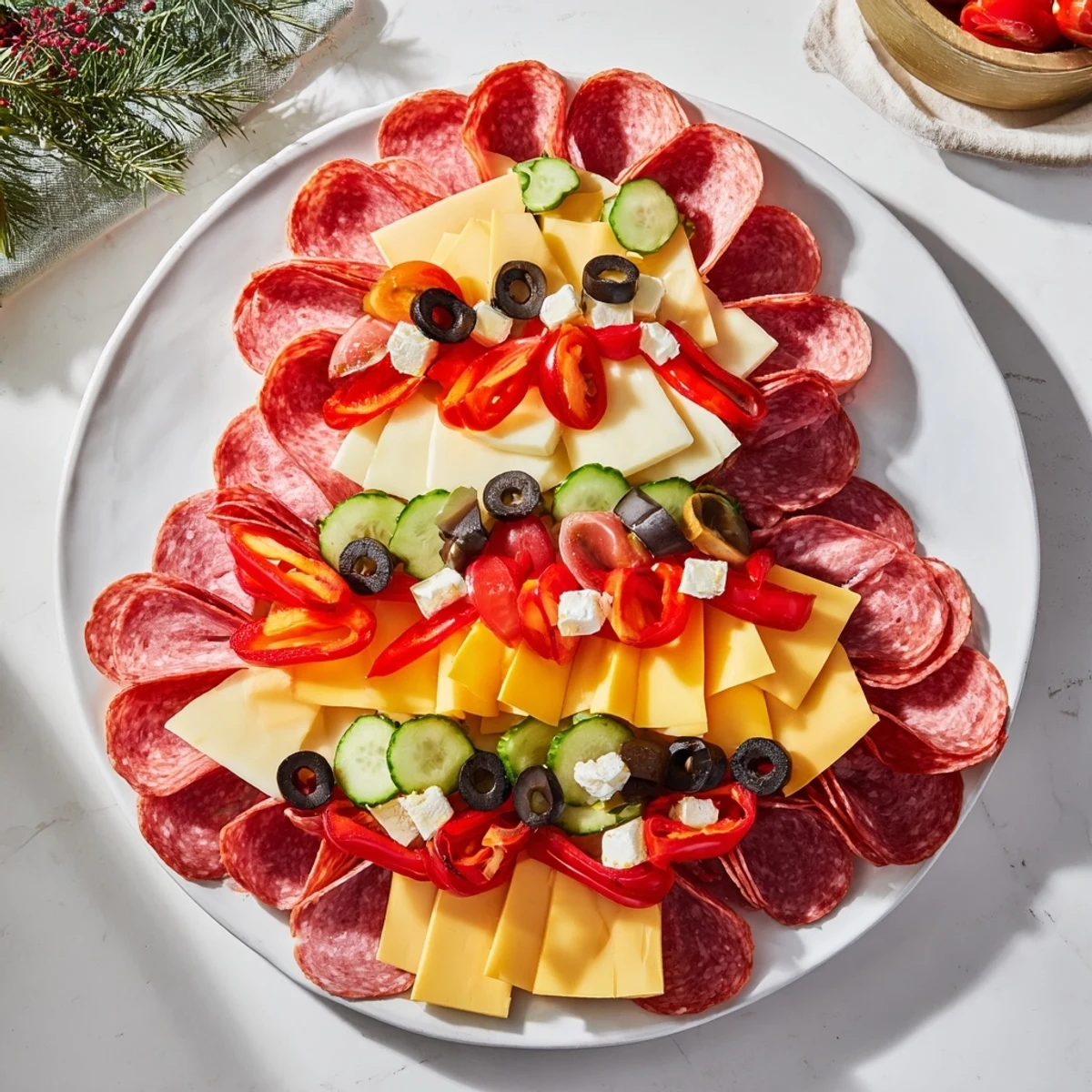 This gingerbread man savory charcuterie displays a colorful arrangement of meats and cheeses surrounded by crackers.
