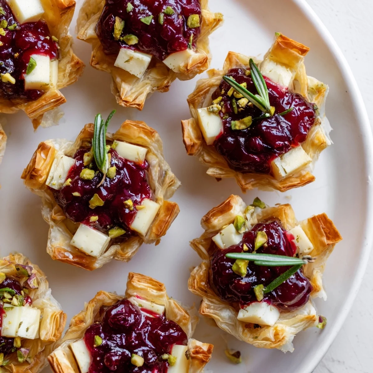 Delightful close-up of a festive Mini Cranberry Brie Tart Wreath, perfect for holiday entertaining.