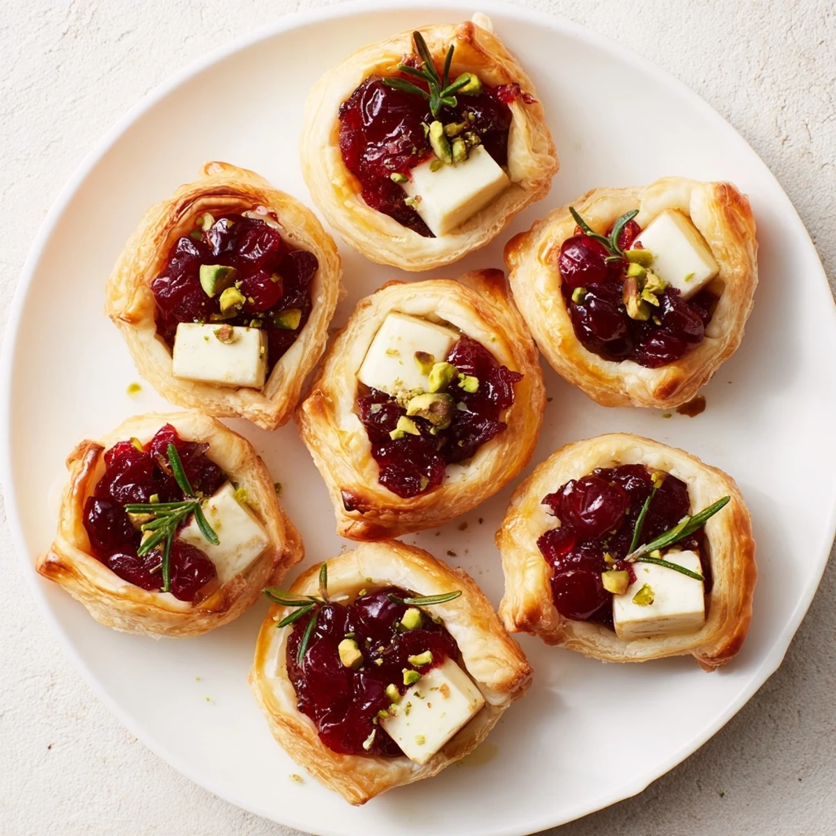 Warm Mini Cranberry Brie Tart Wreath with melting Brie and sweet cranberry flavor, a pretty appetizer.
