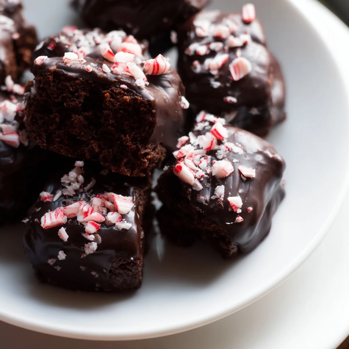 Close-up of freshly baked Peppermint Mocha Brownie Bites, showing their moist, chocolatey texture and shiny glaze.