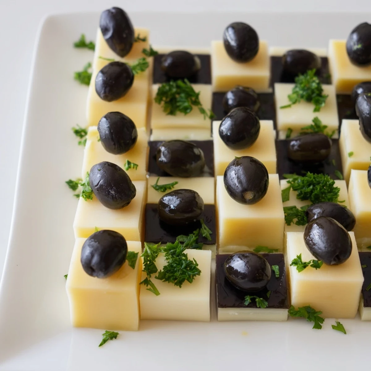 Käse und Oliven Schachbrett, ein appetitliches vegetarisches Vorspeisen-Brett mit kontrastierenden Farben.