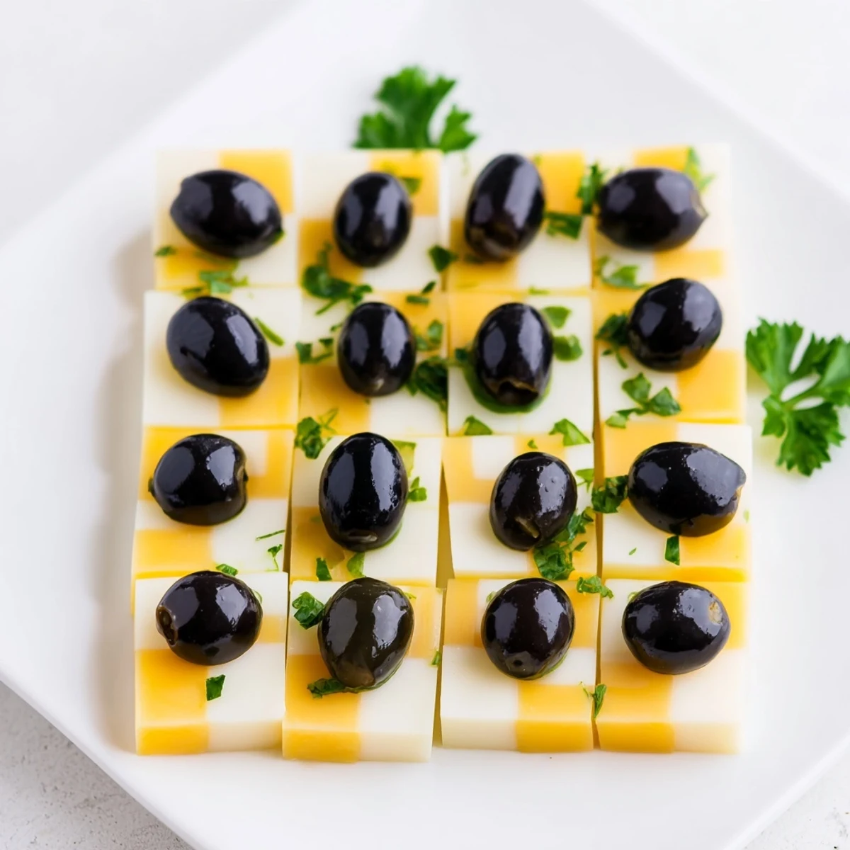 Nahaufnahme eines Käse- und Oliven-Schachbretts, angerichtet für eine Party, serviert mit Crackern.