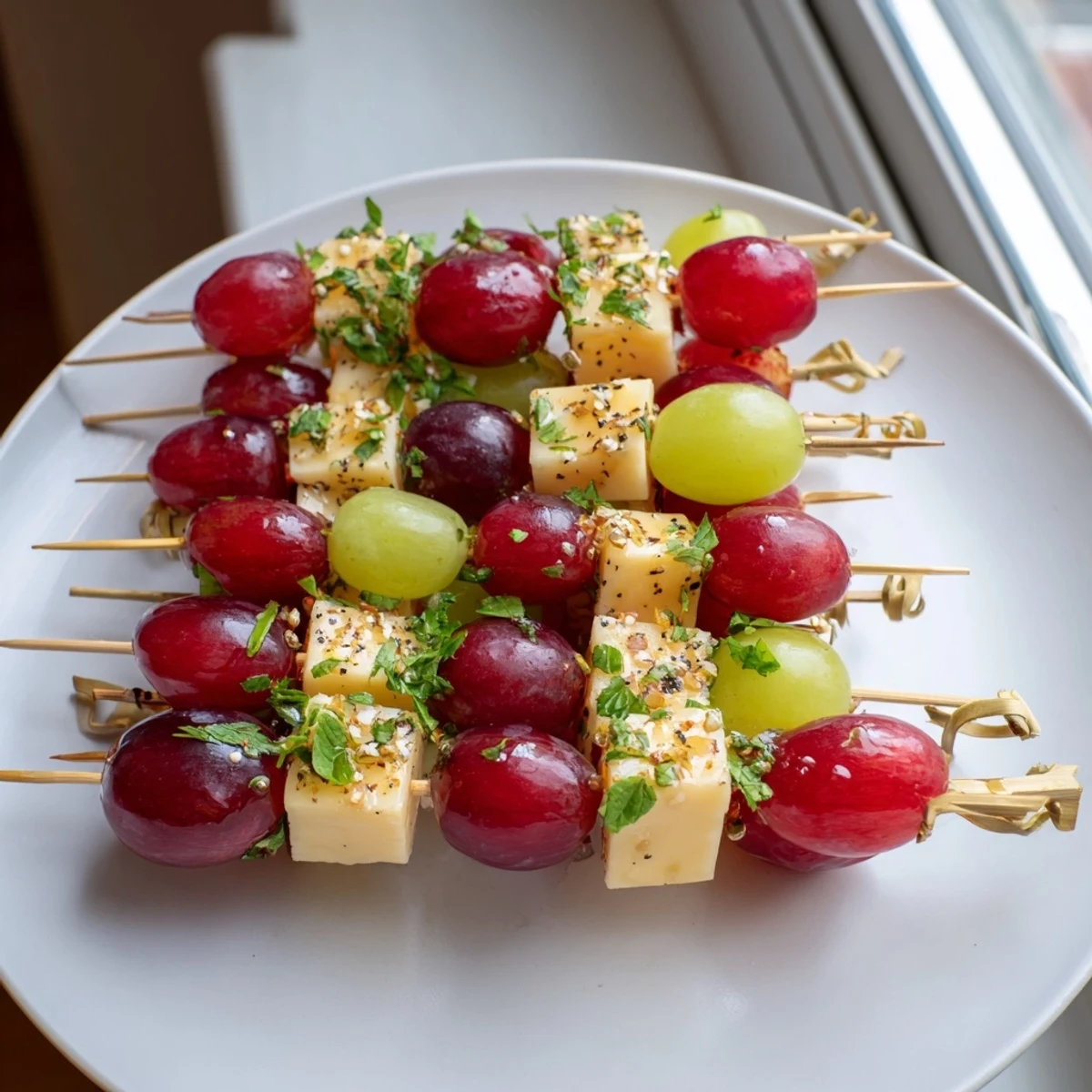 Skewers of Sparkling Grape and Cheese glistening with honey and wine: a festive, easy-to-make party treat.