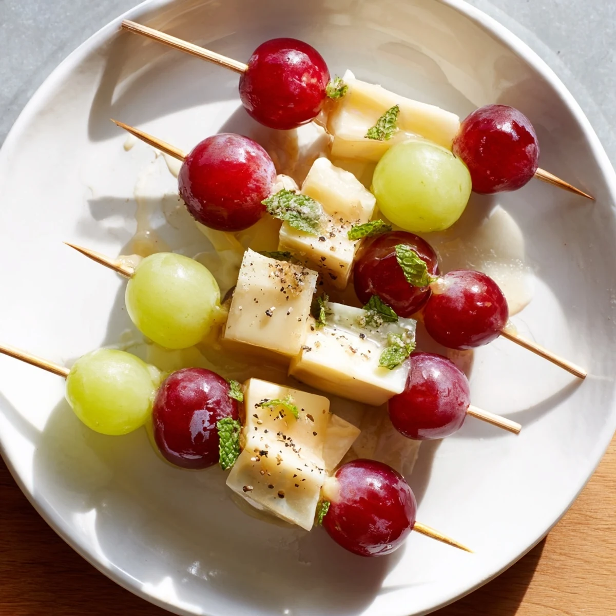 Fresh Sparkling Grape and Cheese skewers with cheese cubes and grapes: a delicious appetizer ready to eat.