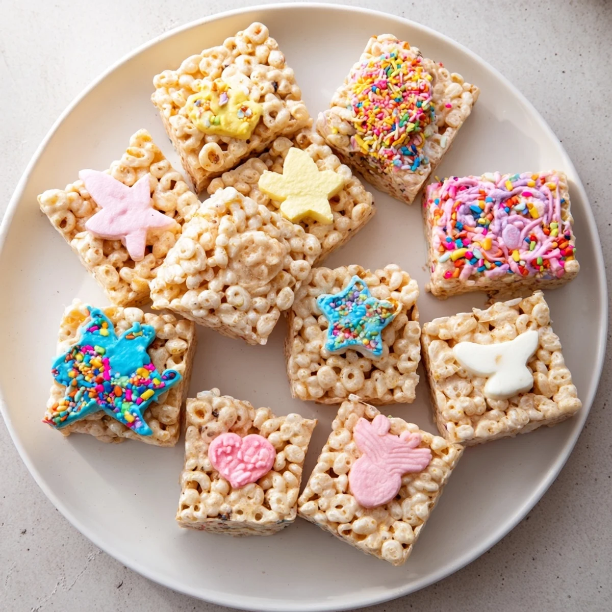 Chewy, colorful, festive Cookie Cutter Shaped Rice Krispies Treats, ready for a fun snack break.
