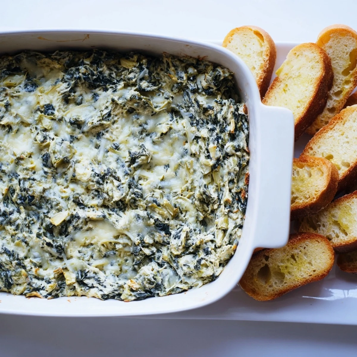 Warm, bubbly spinach artichoke dip served with golden, crispy toasted baguette slices, ready to dip.