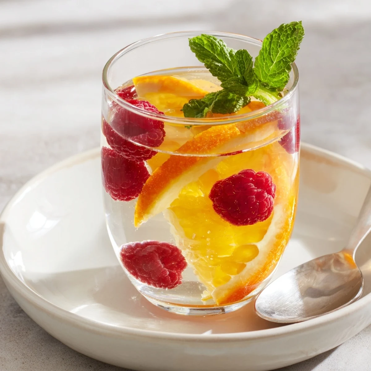 A glass overflowing with sparkling juice with raspberries, adorned with mint and orange slices.