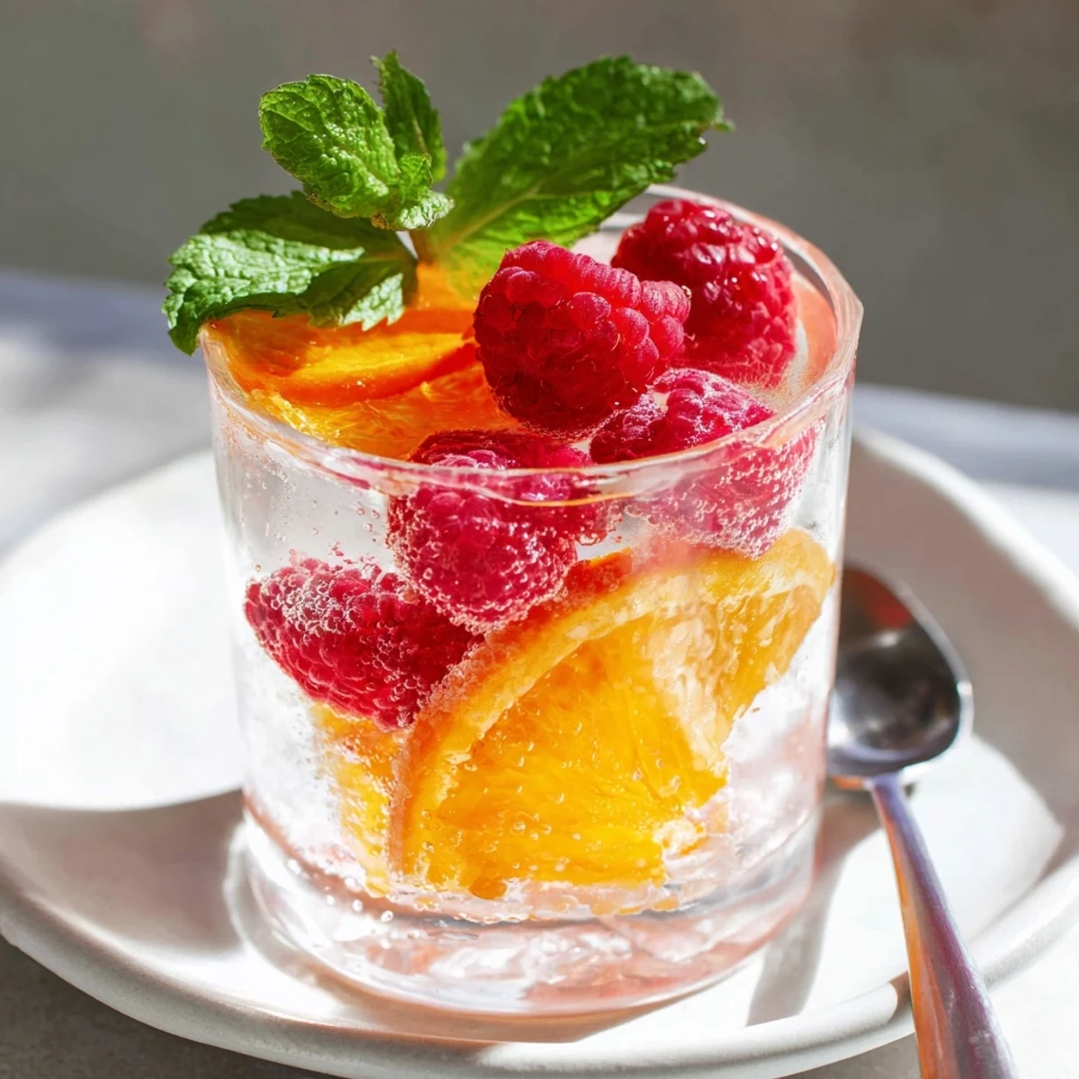 Refreshing sparkling juice with raspberries, served cold with ice and fresh fruit garnishes.