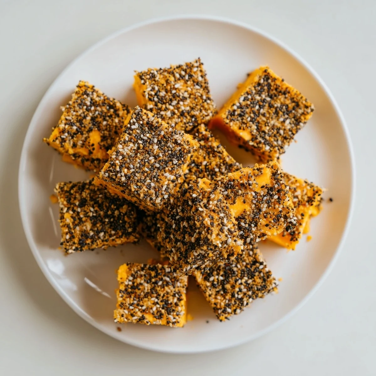 Savory everything bagel seasoning cheese cubes ready to serve as a quick, flavorful snack selection.
