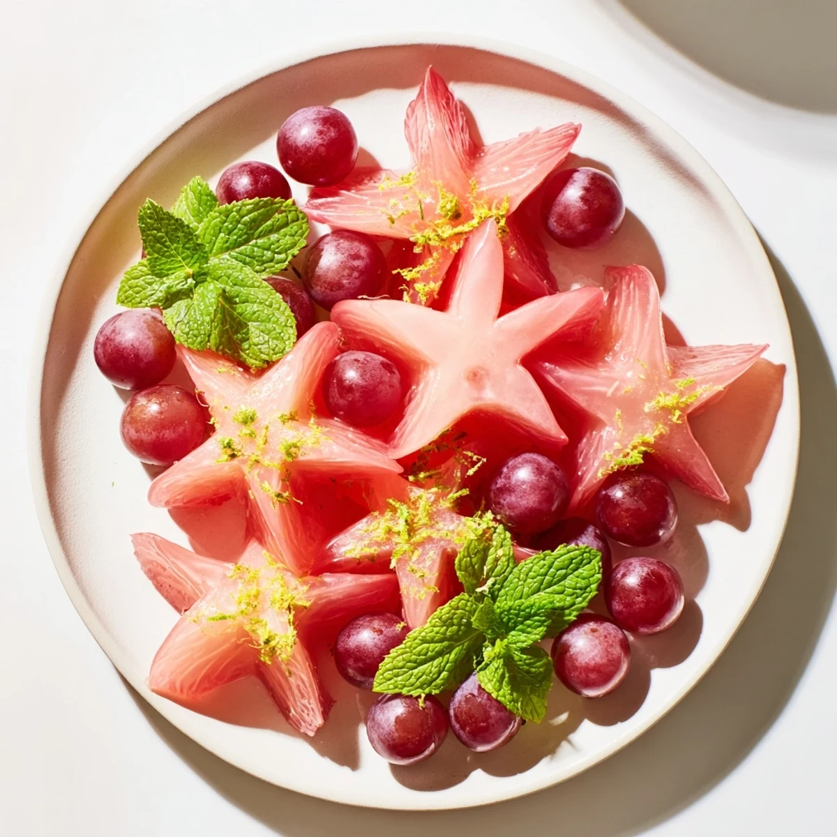 Sliced starfruit and grapes garnish: a colorful brunch fruit plate, ready for serving with mint.
