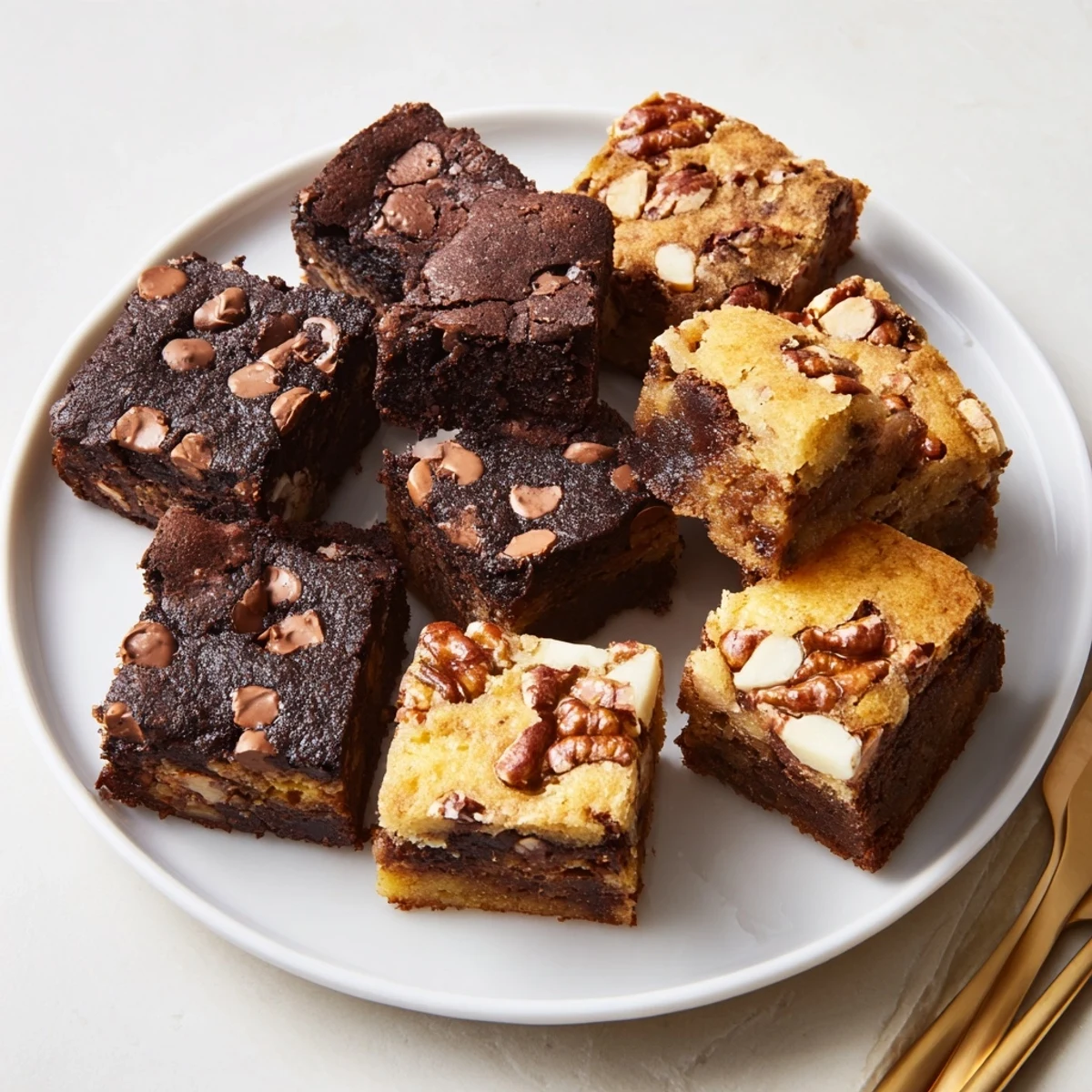 Freshly baked brownie and blondie squares, presented on a platter with serving suggestions.